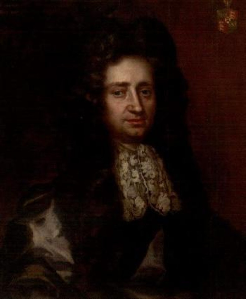 Portrait of Owen Mynne of Llwyn wearing a white lace jabot by English School