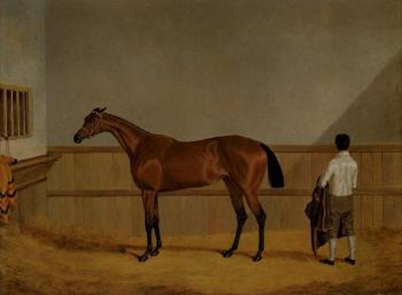 Bay racehorse with her groom in a loosbox by John Frederick Herring