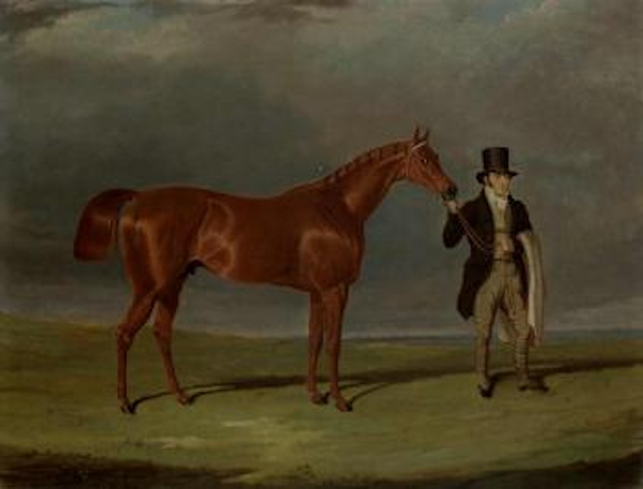 Chestnut racehorse held by his trainer, in an extensive landscape by John Frederick Herring