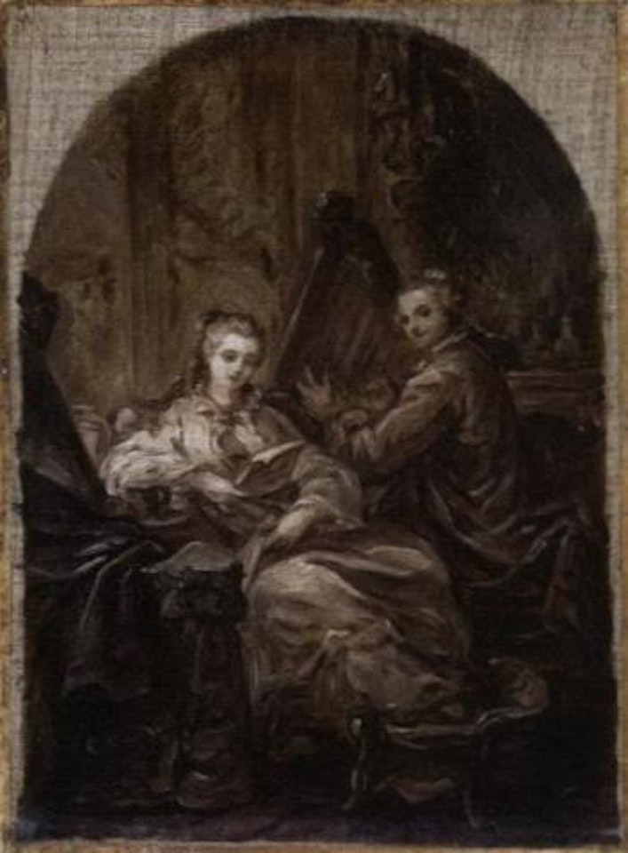 Interior with a man playing a harp and a woman reading beside him by Jean-Baptiste Greuze