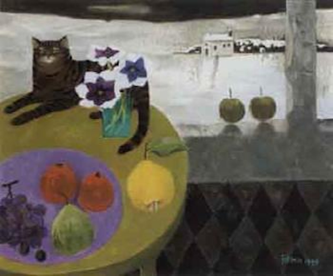 Cat with snowy landscape by Mary Fedden