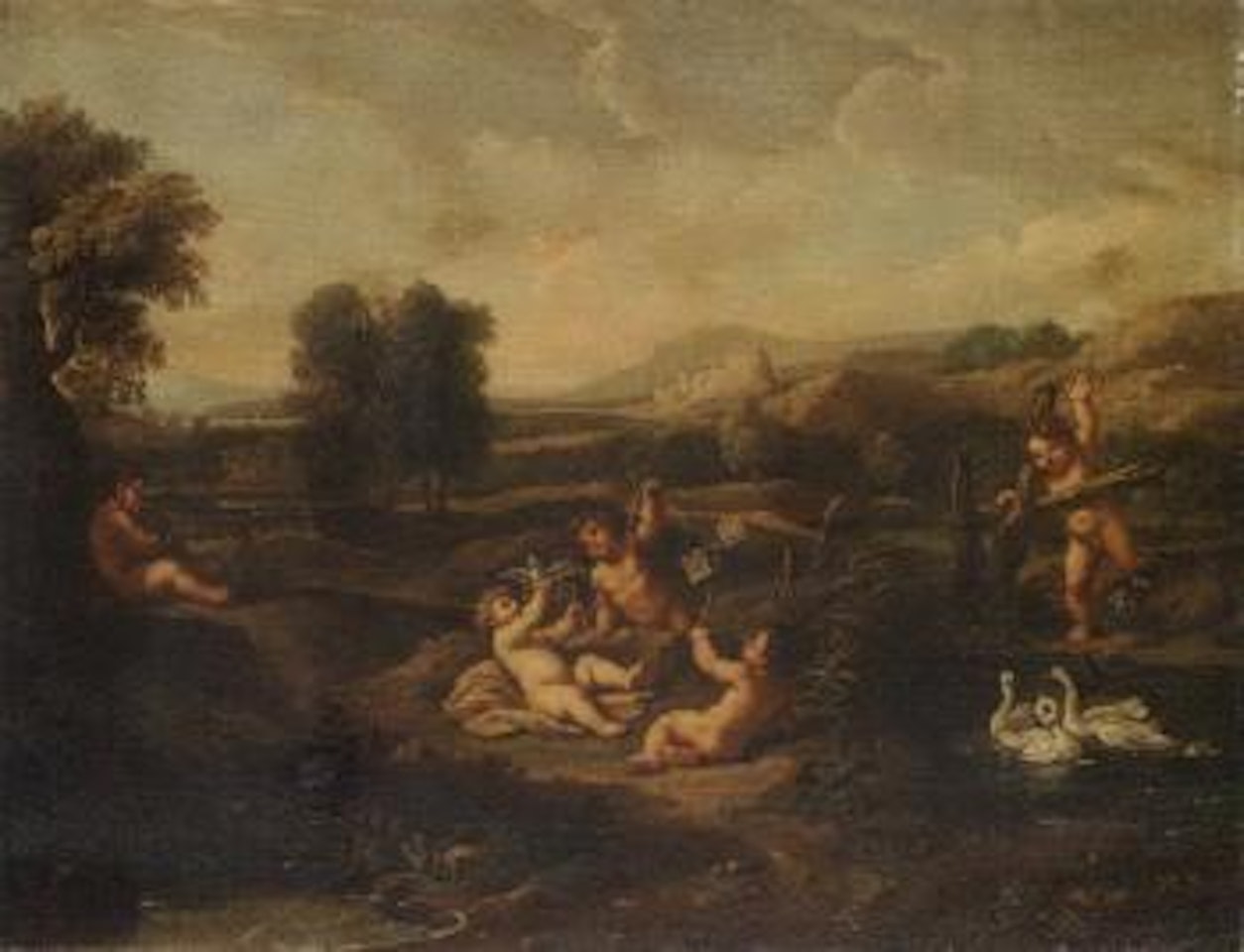 Putti disporting in landscapes by Roman School