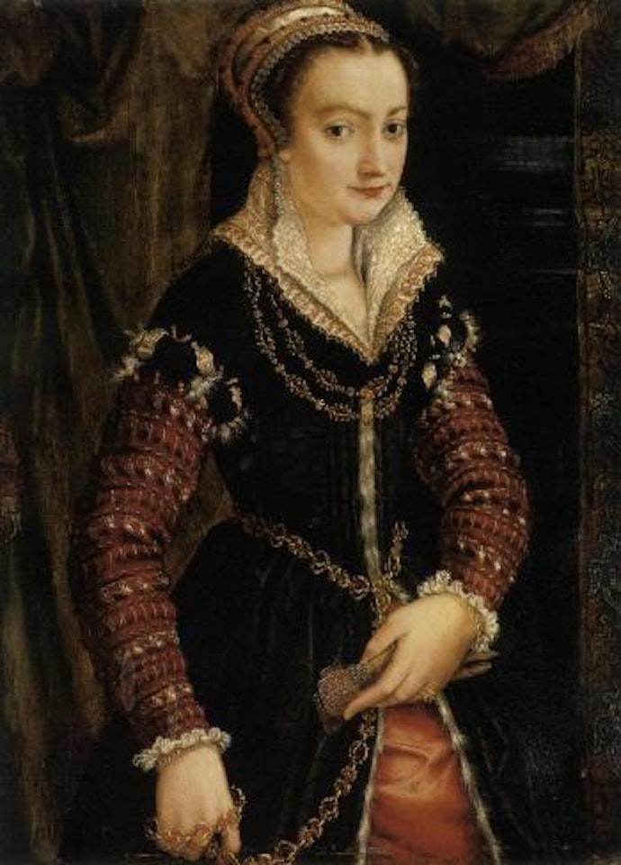 Portrait of lady, identified as Madame Nobel wearing black dress with embroidered red sleeves by BOLOGNESE SCHOOL