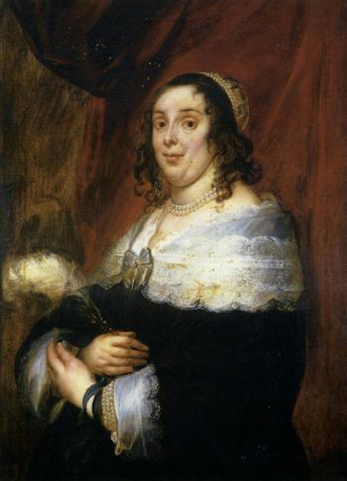 Portrait of lady, in a black dress with an embroidered white collar and cap by Jacob Jordaens