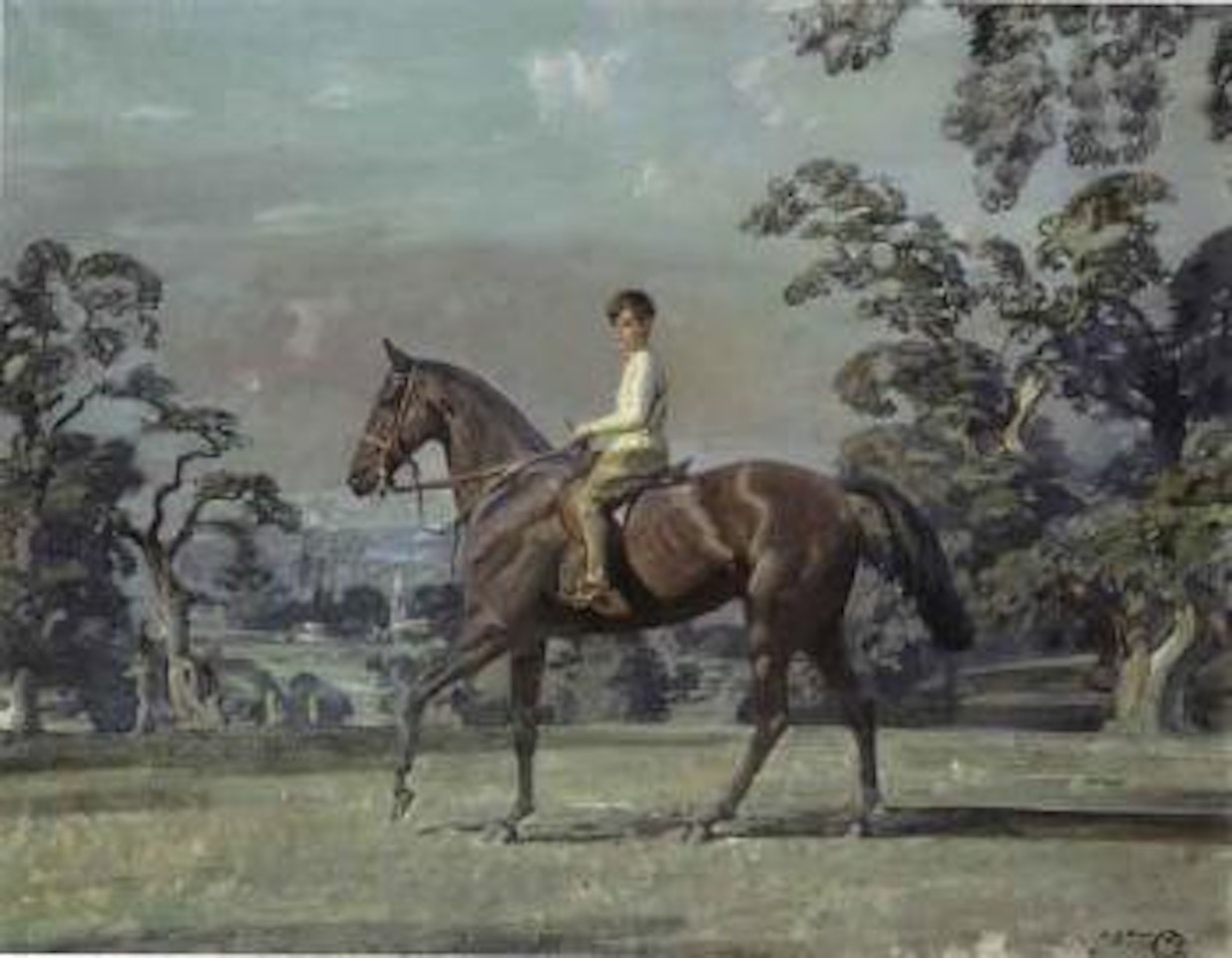Arturo von Schroeders on a polo pony in a landscape by Alfred James Munnings
