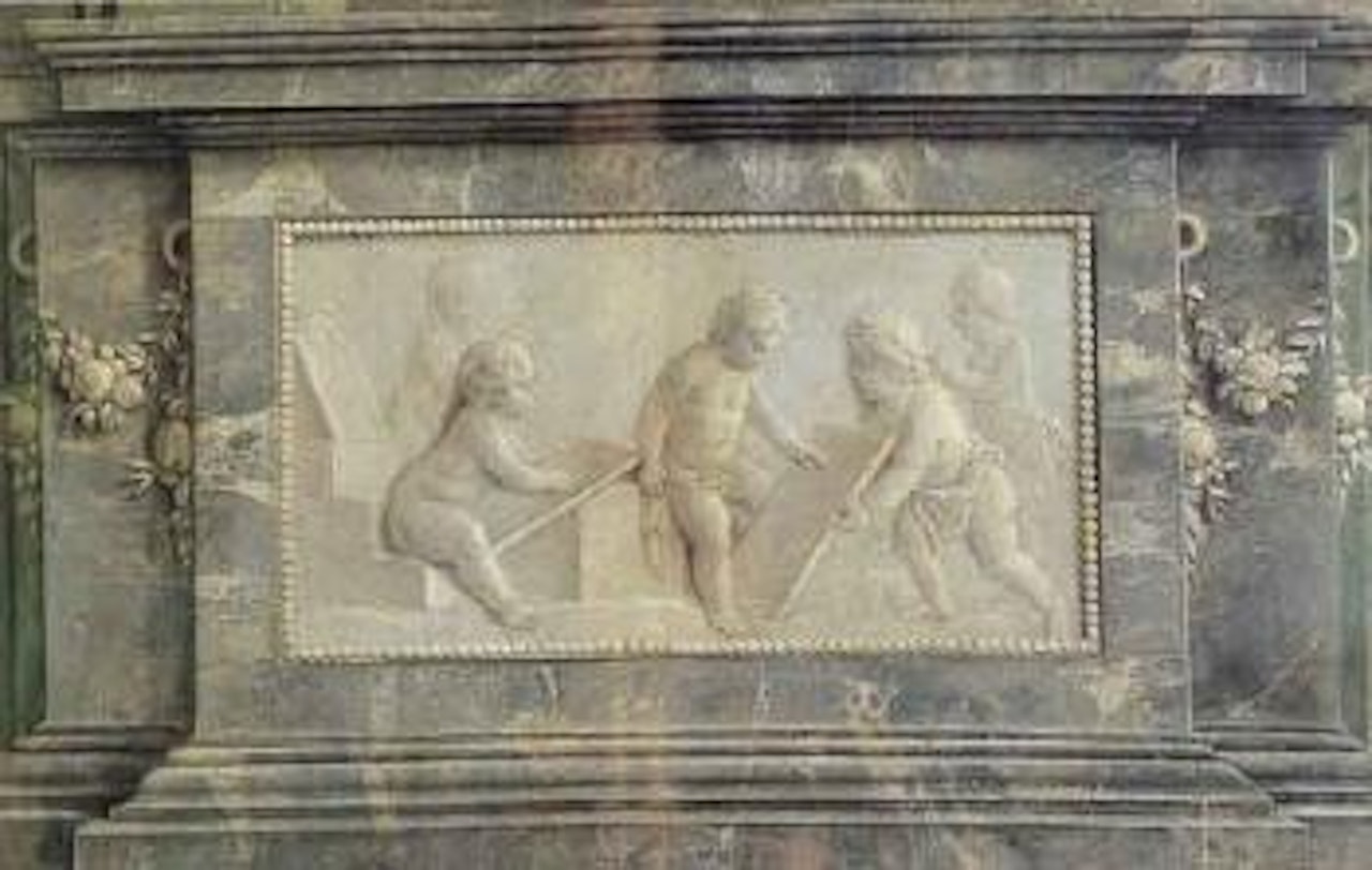 Trompe l'oeil of a marble base with an allegory of drawing by French School