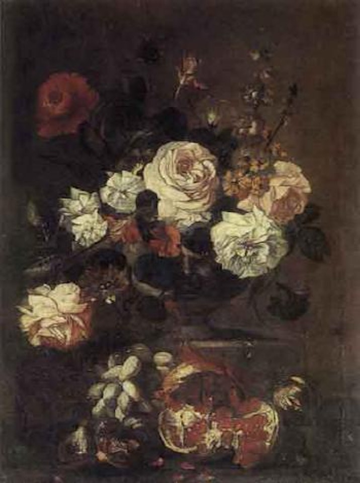 Flowers in a vase with fruit on a ledge by Franz Werner von Tamm