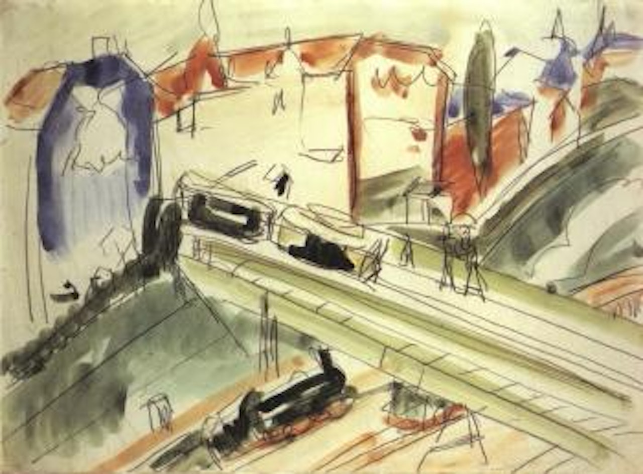 Tram and train - Berlin. Seated female nude by Ernst Ludwig Kirchner