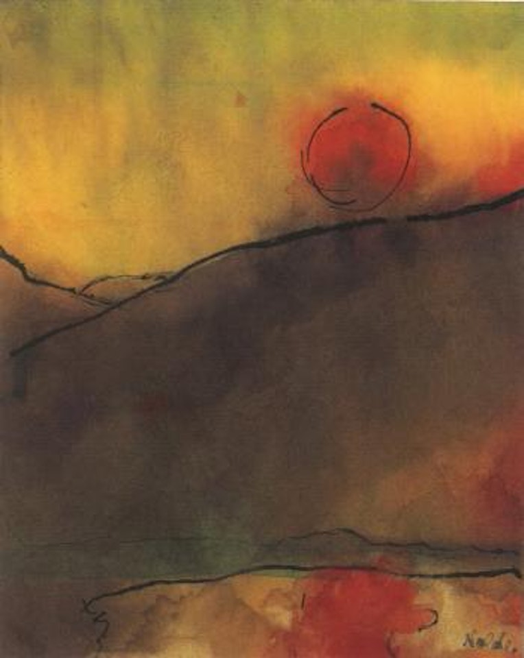 Mountain at the edge of a lake - with red sun by Emil Nolde
