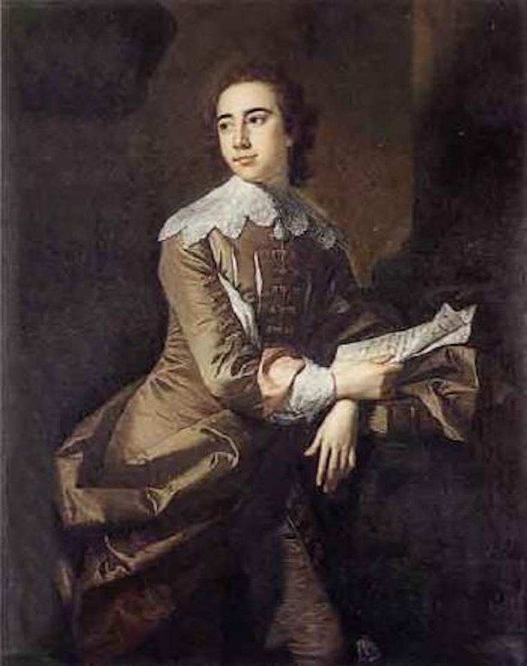Portrait of a gentleman wearing brown coat reading a manuscript by Thomas Hudson