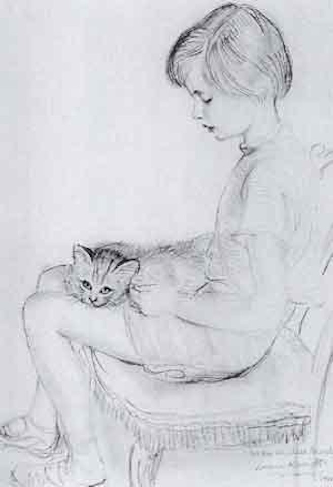 Portrait of young girl with a cat on her lap by Laura Knight