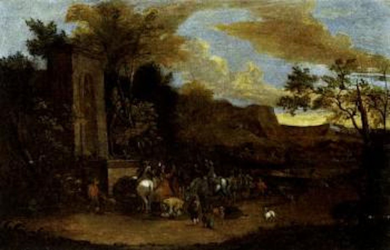 Horsemen resting by fountain by Pieter Bout
