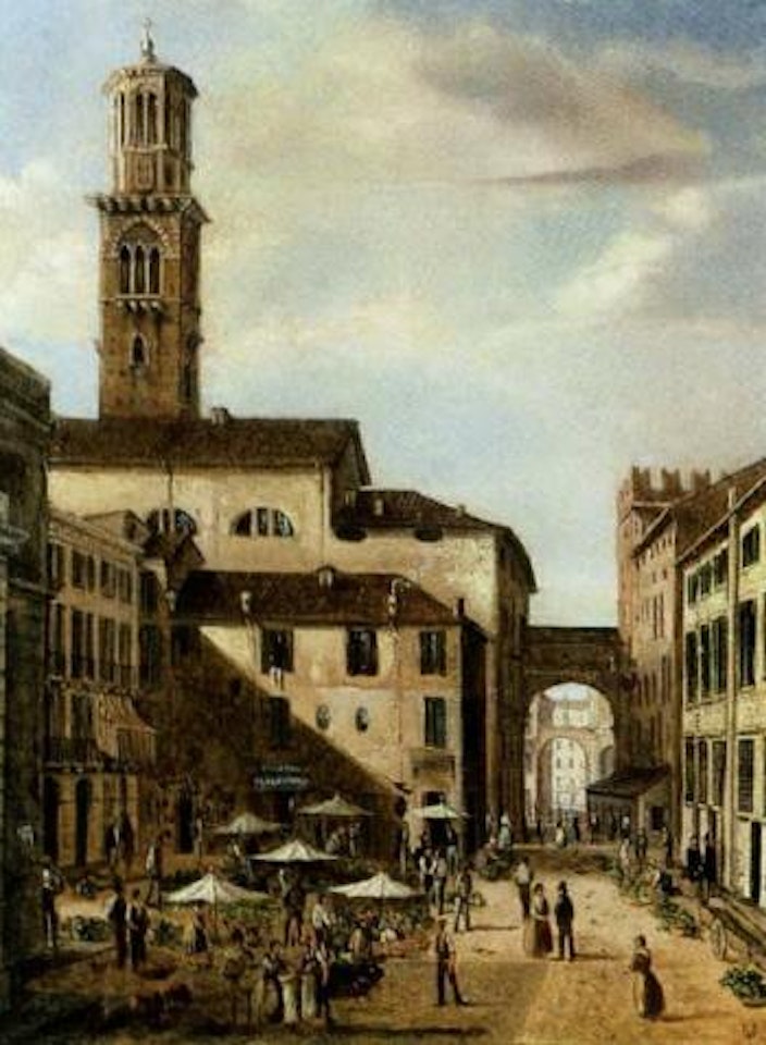 View of Italian market square, possibly Verona by Italian School