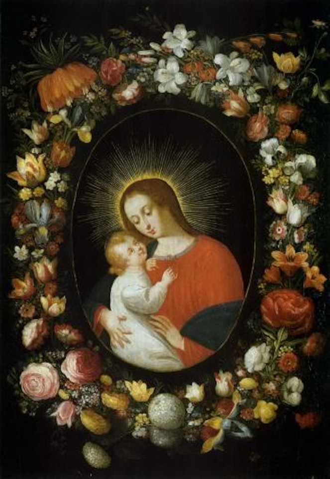 Madonna and Child set within wreath of flowers by Jan Brueghel the Younger
