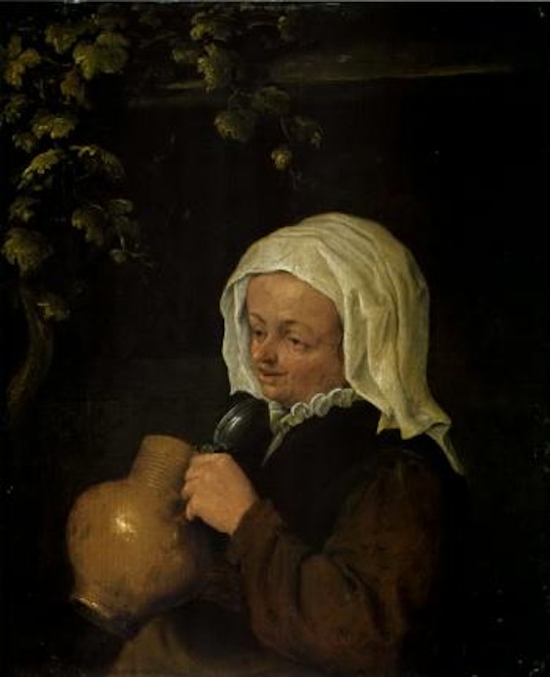 Portrait of woman with beer mug by farmhouse by Adriaen van Ostade