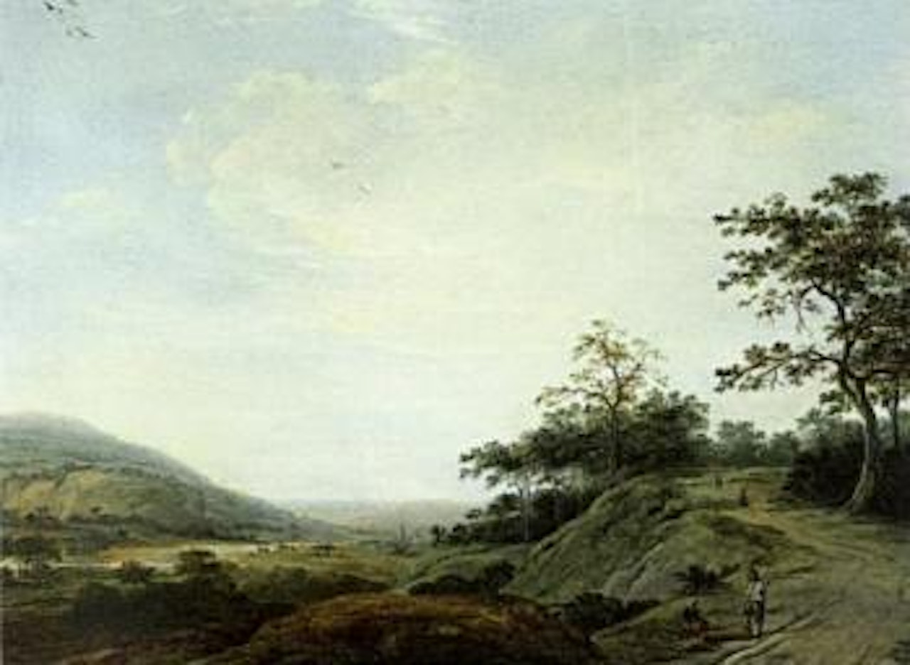 Extensive river landscape with pair of figures by Netherlandish School