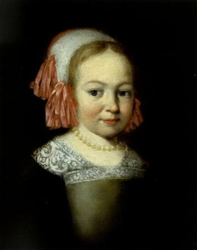 Portrait of young girl with bonnet and pearl necklace by French School