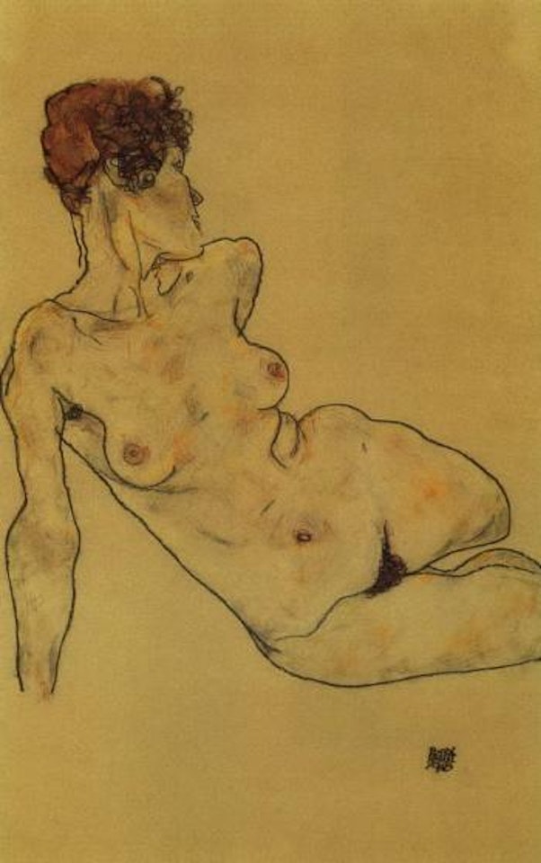 Female nude, sitting, head turned to left by Egon Schiele