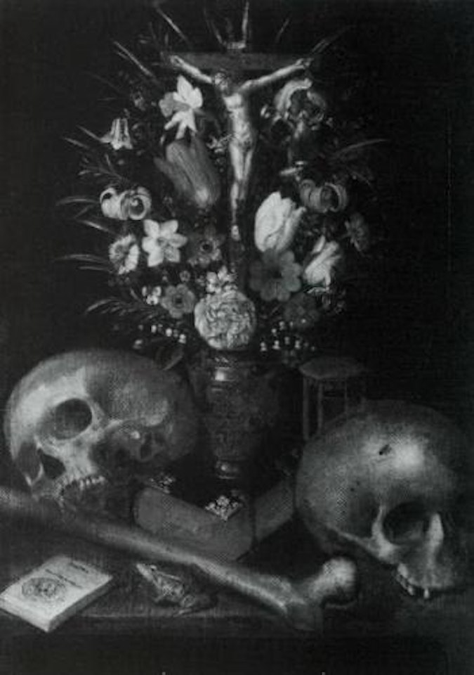 Still life with skulls, flowers in jug and book by Flemish School
