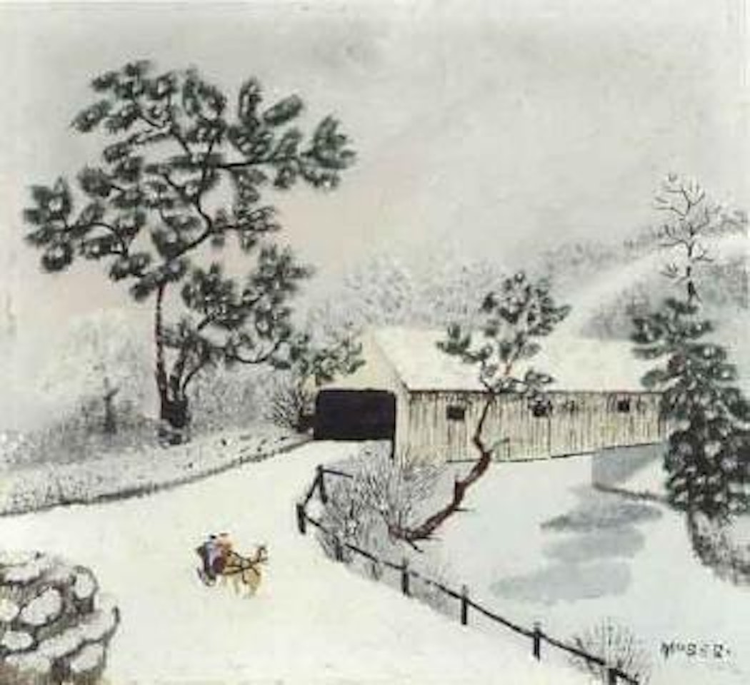 Old pink bridge by Grandma Moses