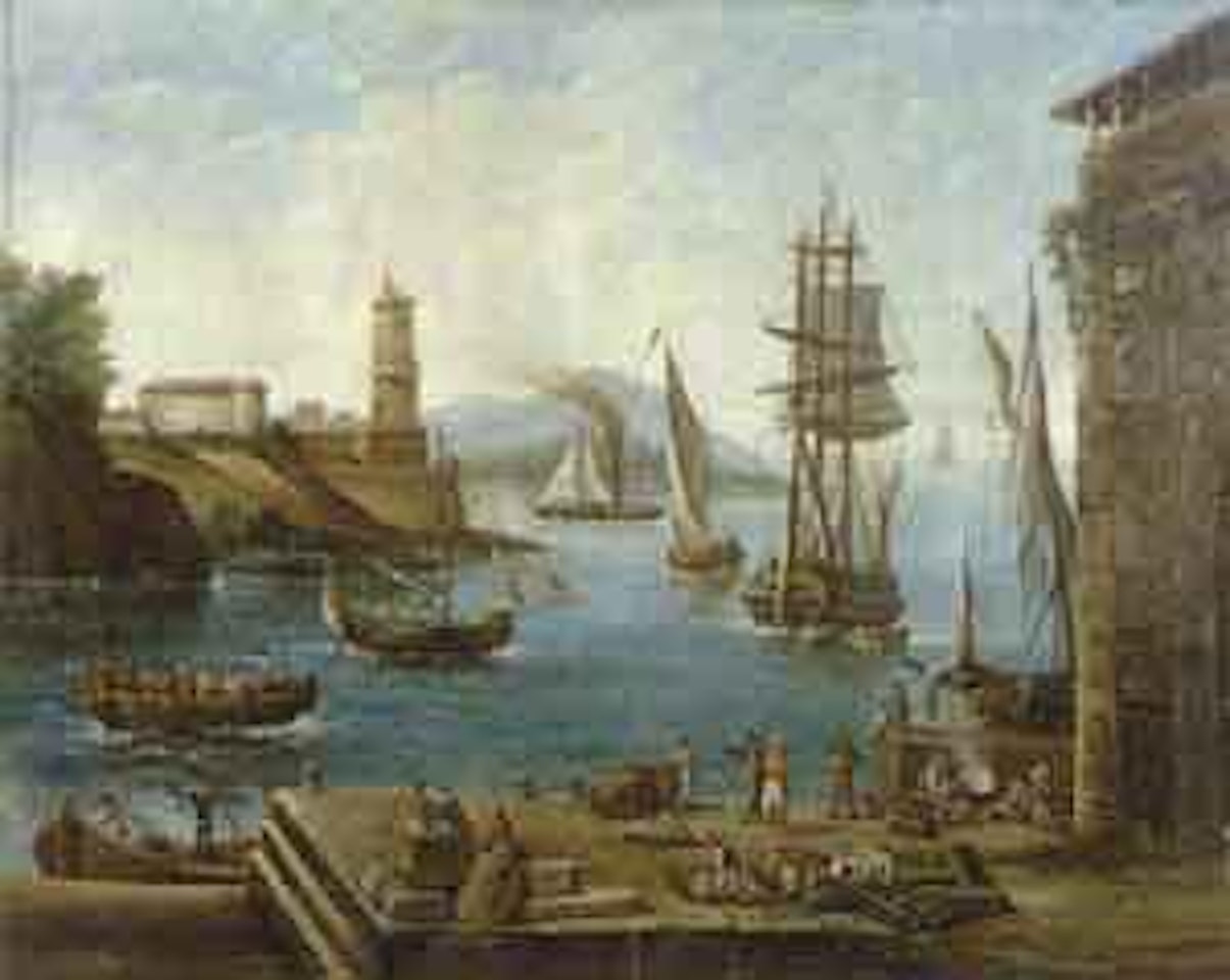 Figures and shipping in busy dockside and harbour by French School