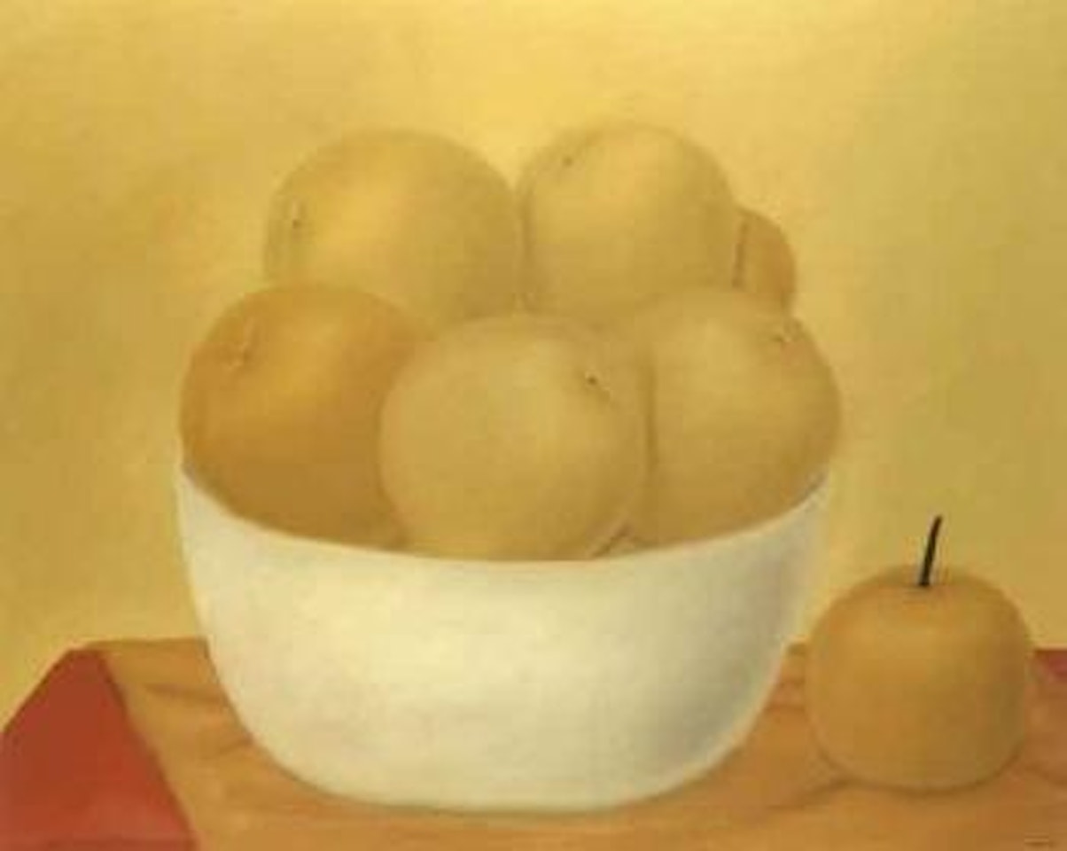 Frutas sobre fondo amarillo by Fernando Botero