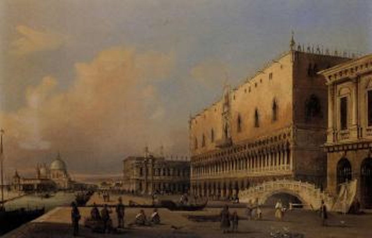 View of Rialto Bridge. Figures before Riva degli Schiavoni by Carlo Grubacs