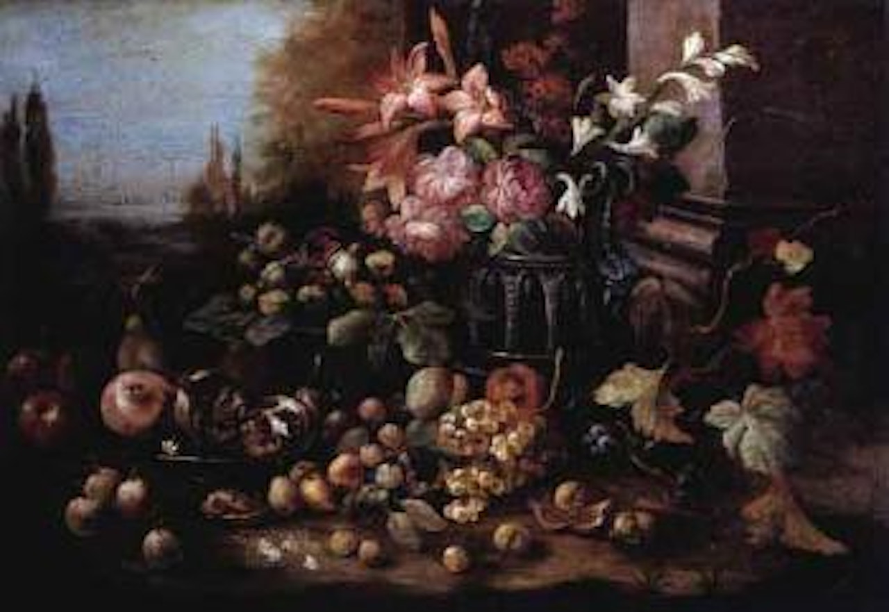 Still life with fruit in landscape by Neapolitan School