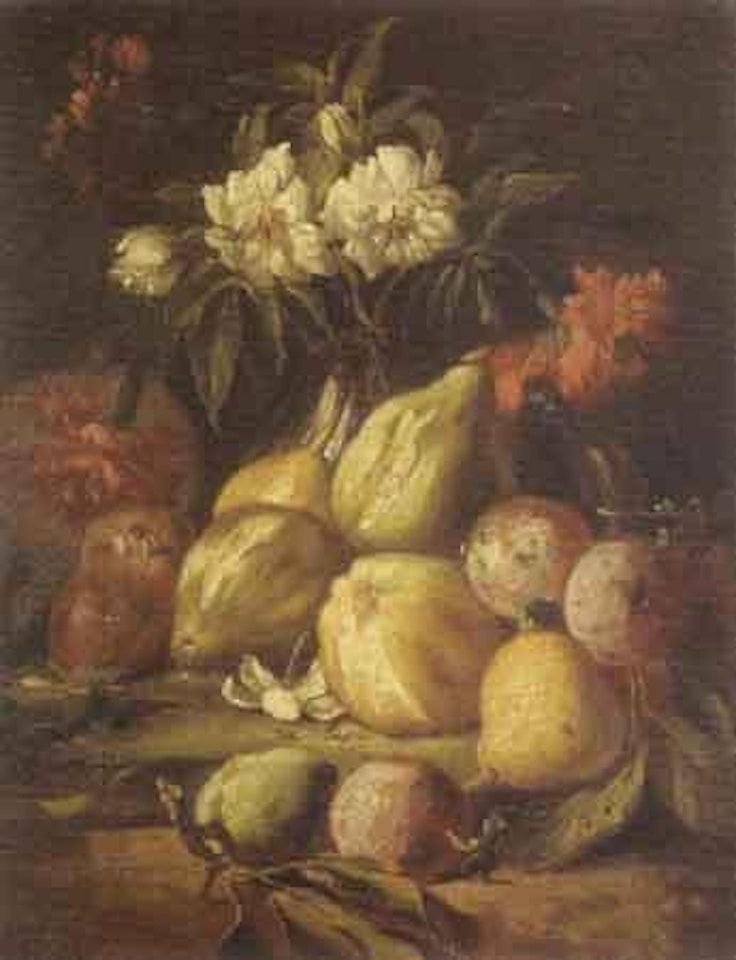 Fichi, prugne e fiori in un vaso su un piano di pietra by Michele Pace del Campidoglio
