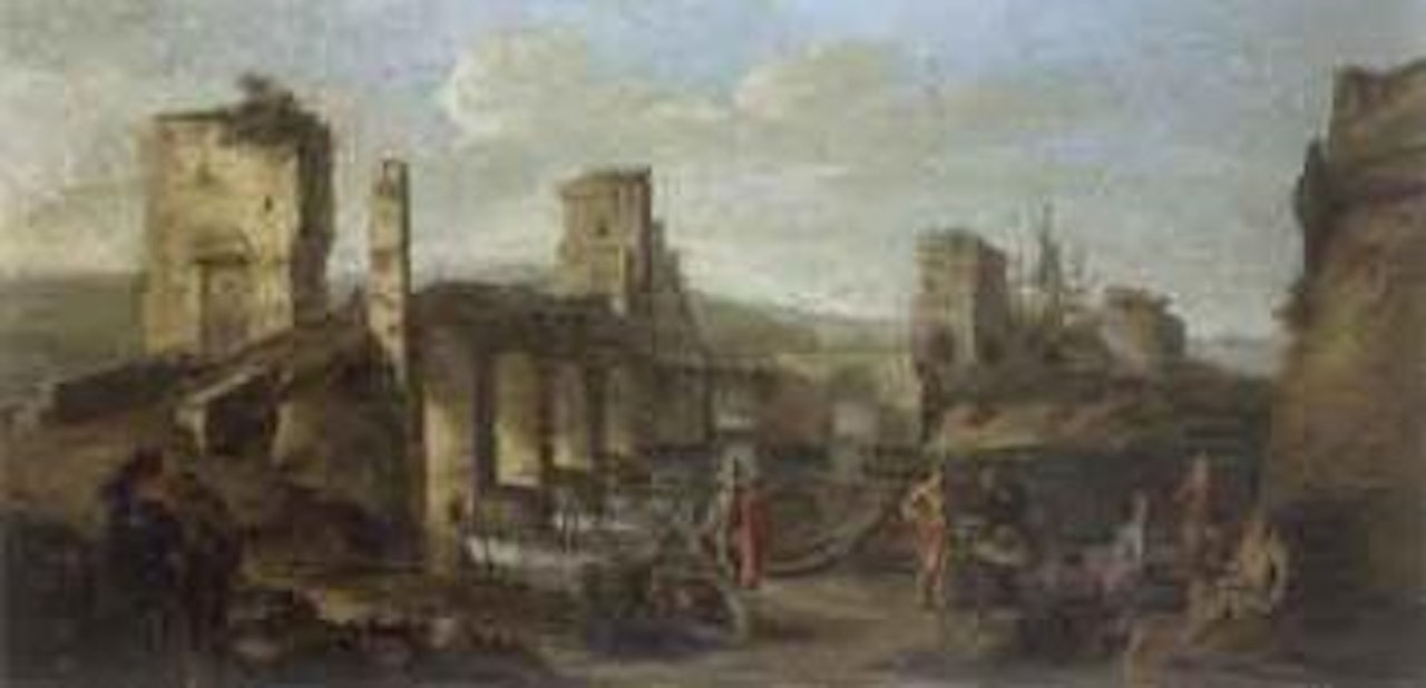 Capriccio con costa mediterranea, un ponte by Isaac de Moucheron