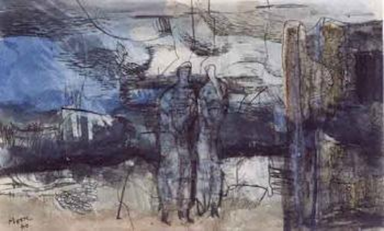 Figures in a landscape, stringed figures in lead by Henry Moore