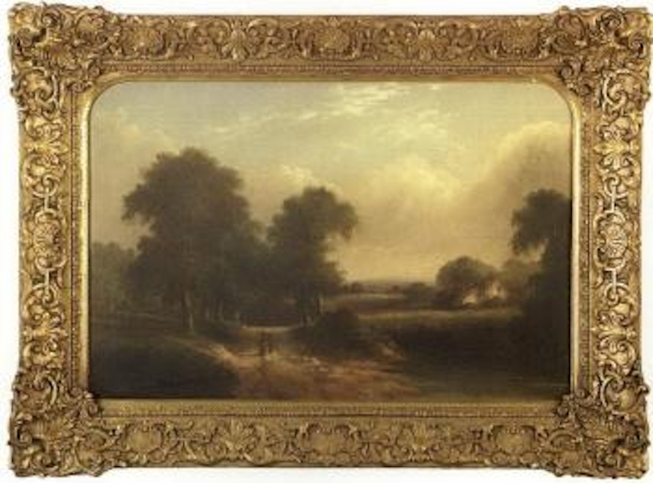 Idyllic country landscape with two boys on the road by English School