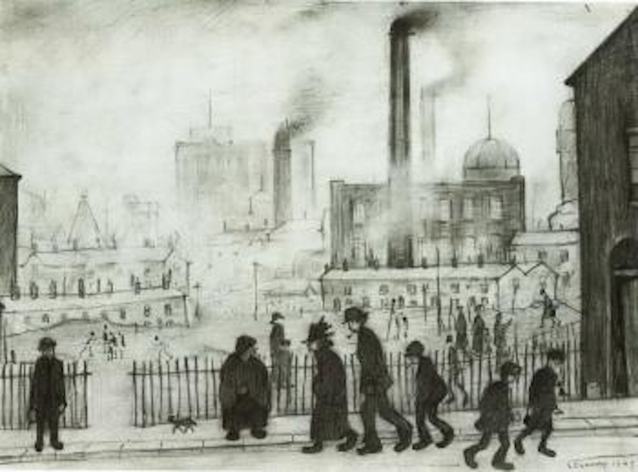 Industrial landscape with figures in the street by Laurence Stephen Lowry