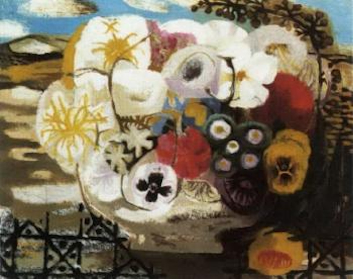 Flowers on a tiled floor by Mary Fedden