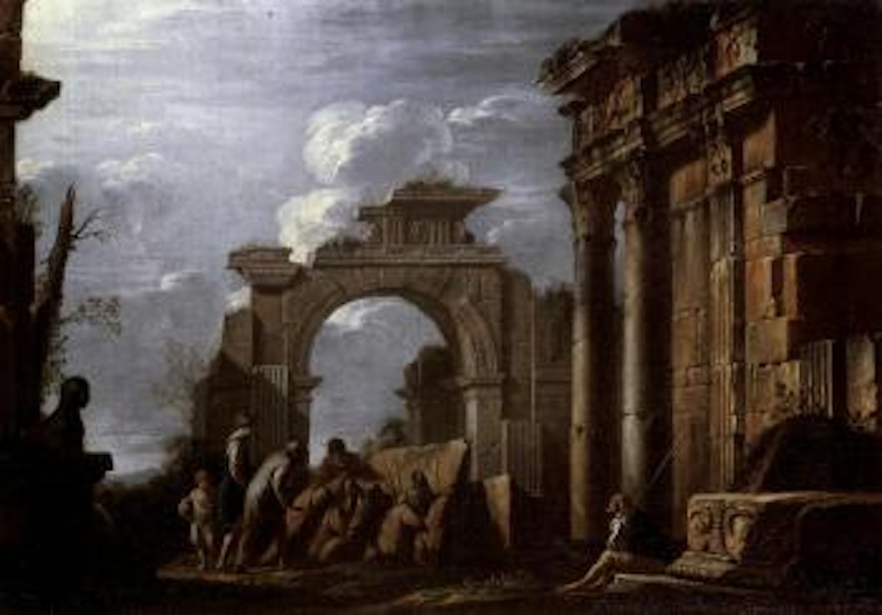 Landscape with classical figures examining a stone relief amid Roman ruins by Giovanni Ghisolfi