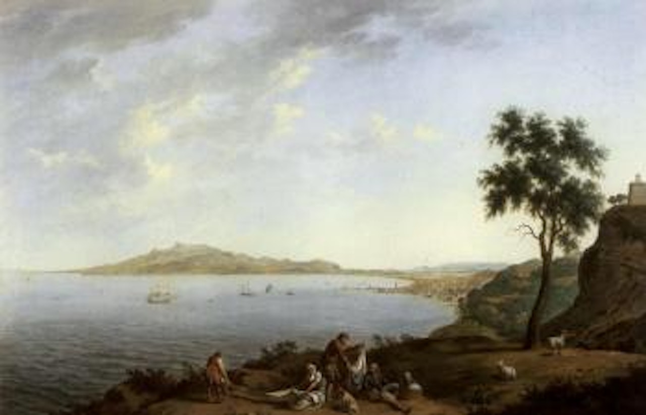 Greek coastal landscape with a fortress on the shore. Panoramic coastal landscape withs shepherds by Jacob Philipp Hackert