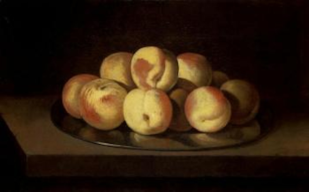 Still life of peaches on a silver plate by Spanish School
