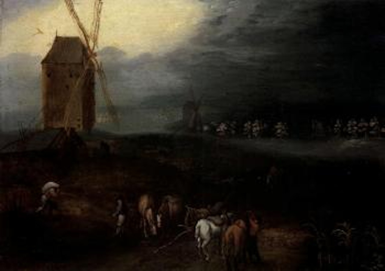 An extensive landscape with travellers on a path, miller by a windmill and farm beyond by Jan Brueghel the Younger