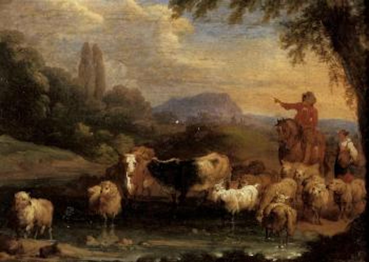 Man on horseback conversing on a path, leading his livestock across a river, mountains beyond by Pieter Bout
