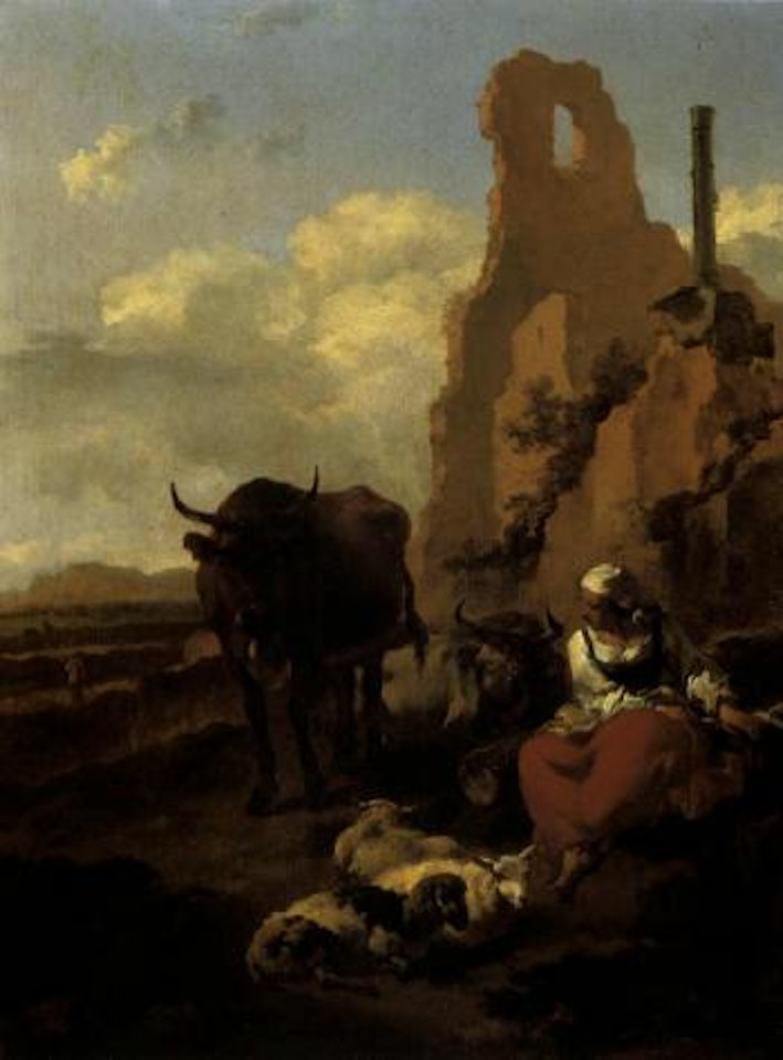 Peasant with her livestock resting in an Italianate landscape with ru ins and mountains beyond by Nicolaes Pietersz Berchem