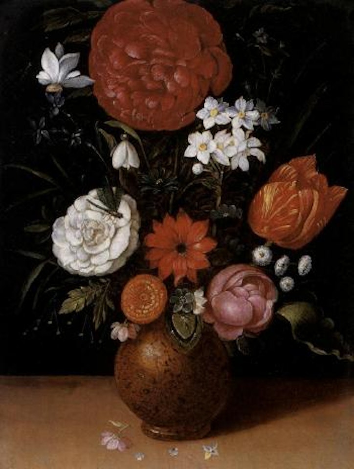 Still life of roses, narcissi, a tulip, snowdrop and other flowers in a pottery vase by Jan Brueghel the Younger
