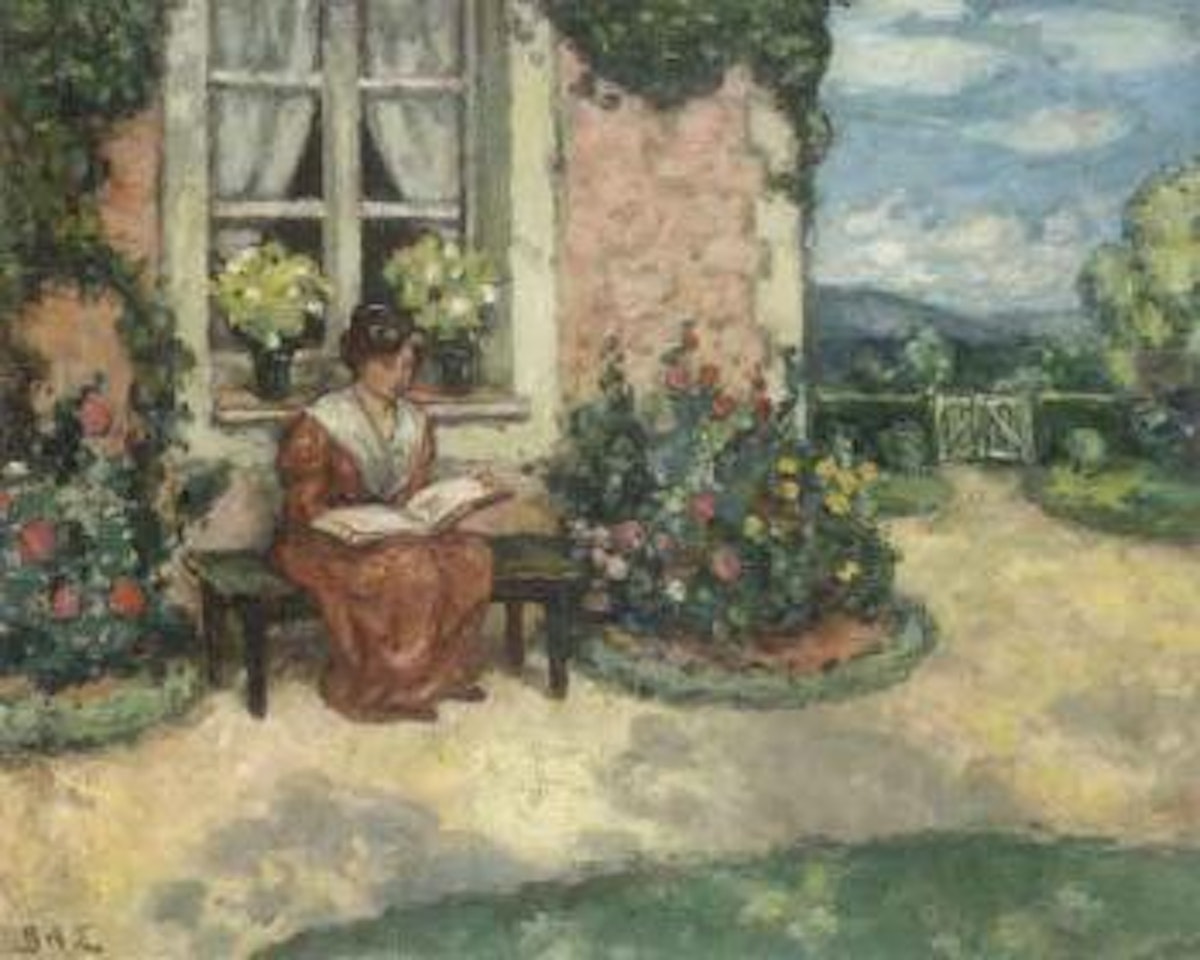 Femme assise sur banc dans jardin by Georges d’Espagnat