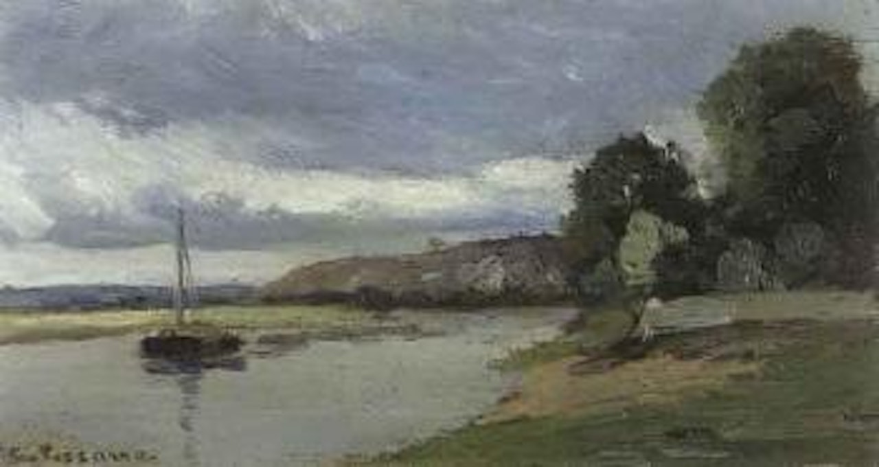 Bord de riviere avec peniche by Camille Pissarro