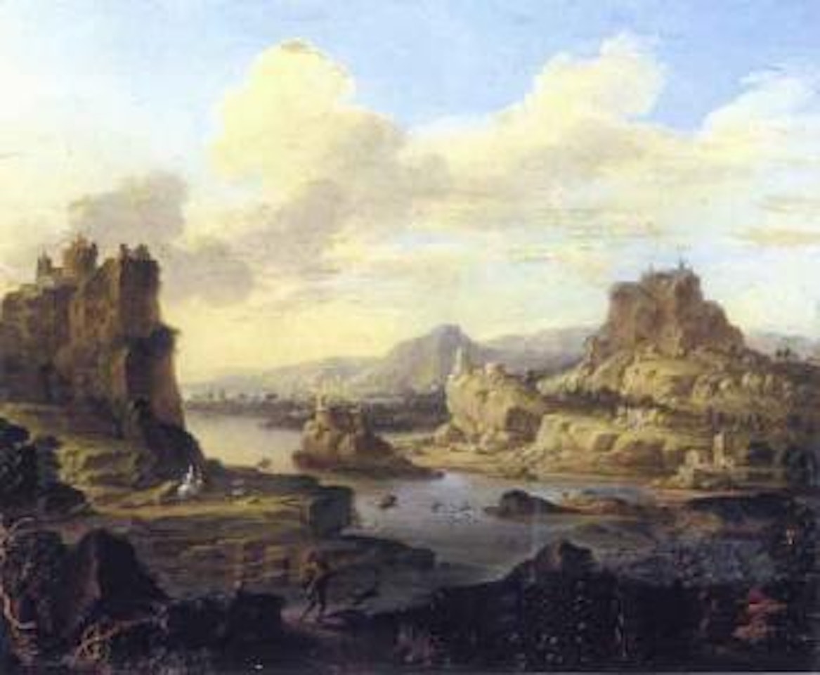 Paysage avec chasseurs, riviere et chateaux by German School