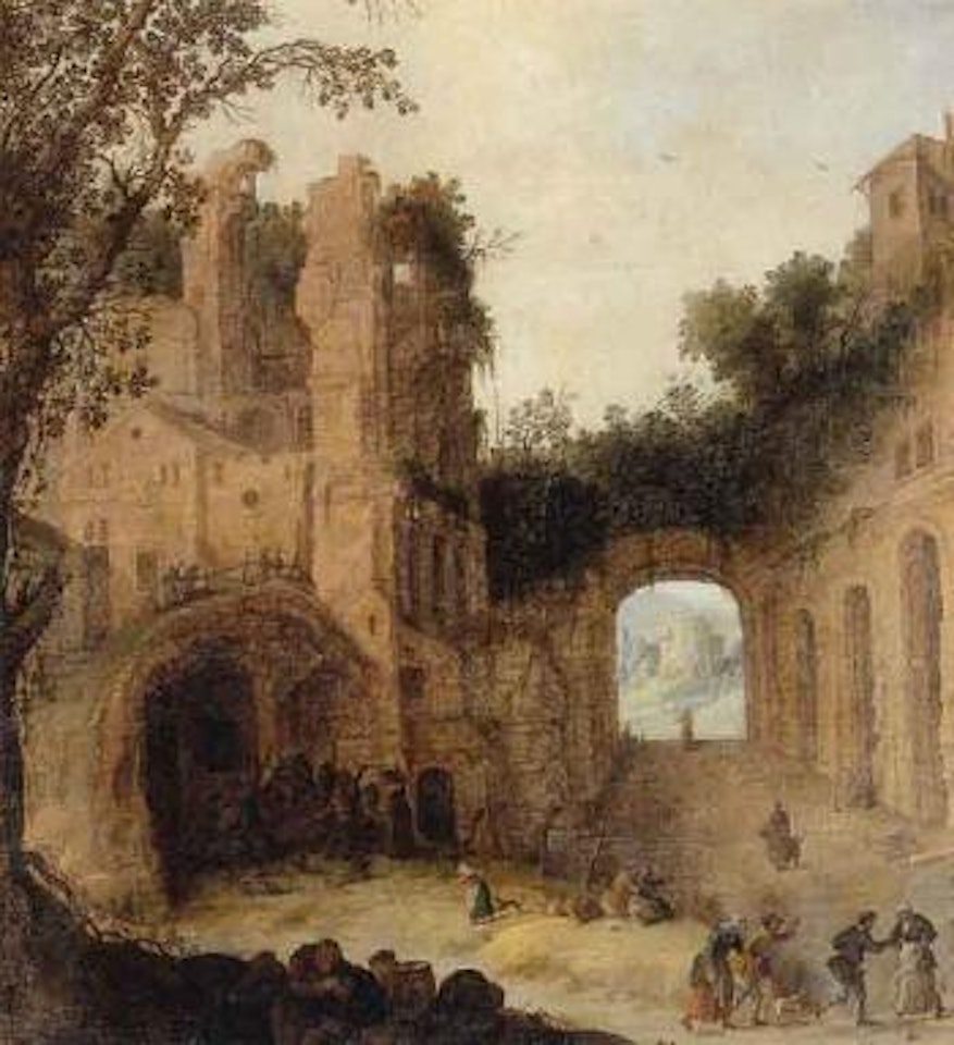 Peasants celebrating by ruins by Dutch School