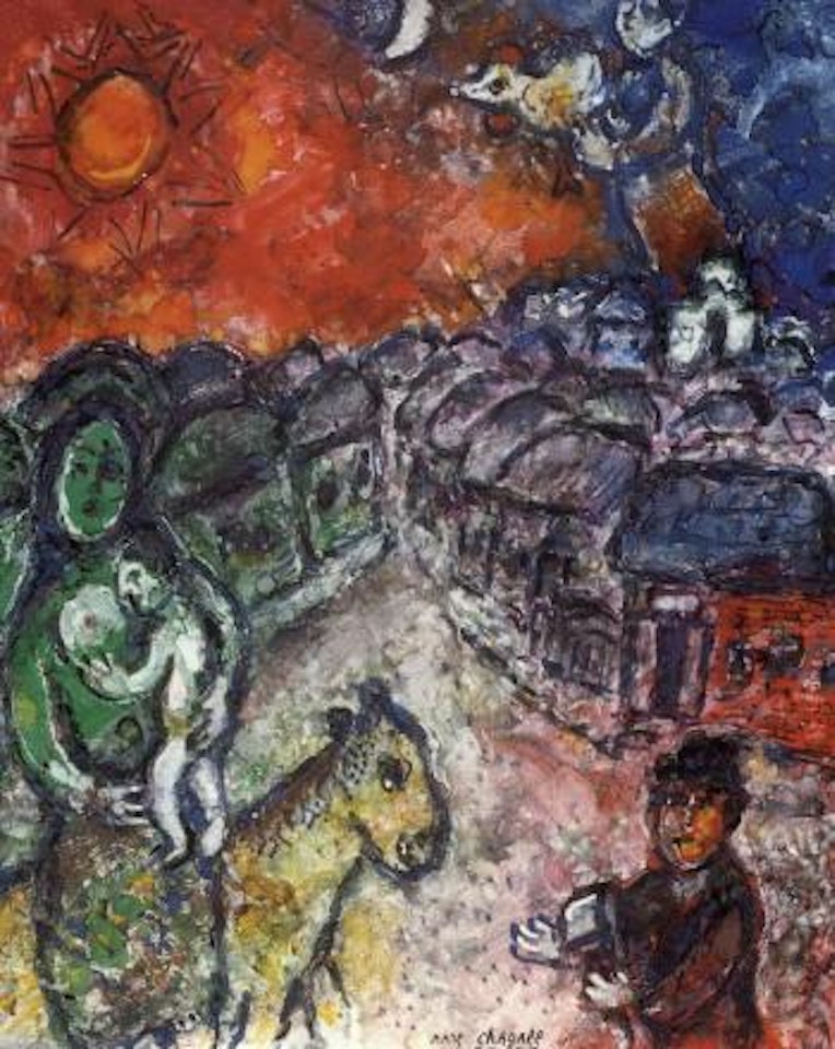 Maternite en vert au ciel rouge by Marc Chagall