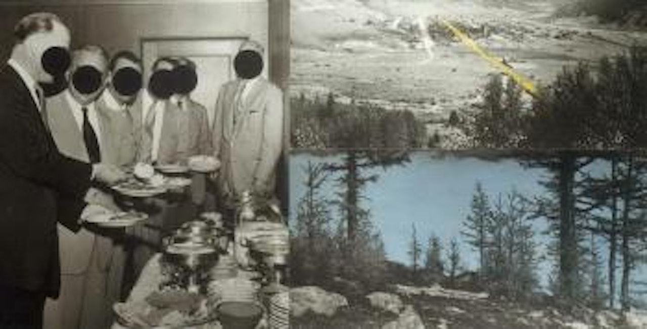 Men at buffet table with double landscape by John Baldessari