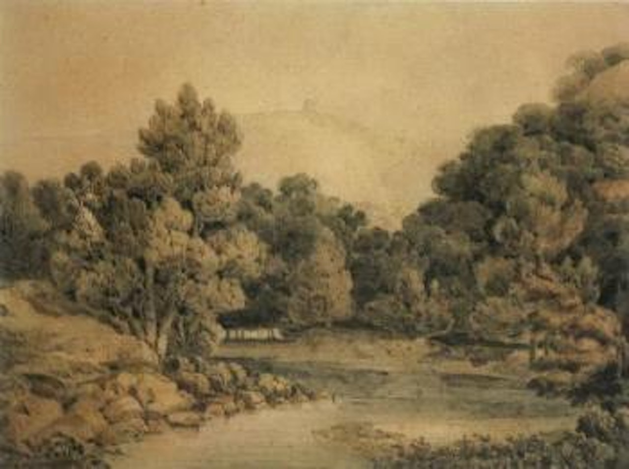 Wooded landscape by a river with distant tower by Thomas Girtin