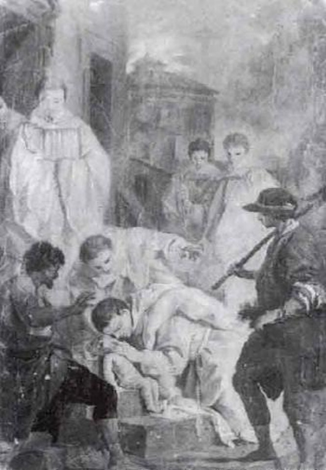 Carthusian monks mourning child's death on the steps of a monastery by Roman School