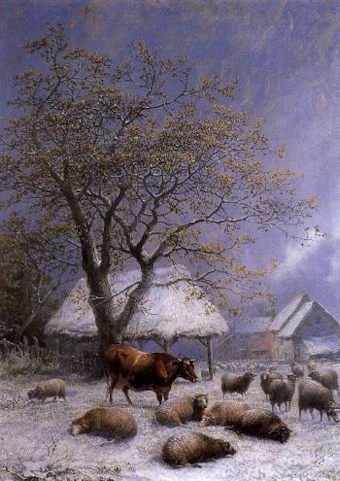 Farm scene with cows and sheep in winter by Thomas Sidney Cooper